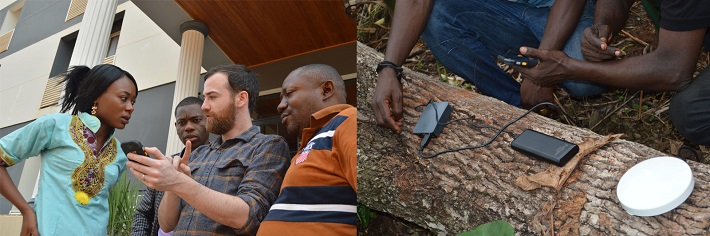 Izquierda: Peter Foster, Coordinador del SIG de la RFUK, da consejos técnicos a los socios | Derecha: Monitores comunitarios sobre el terreno prueban el sistema de transmisión ForestLink con una mejora de la batería externa | Crédito: Élodie Barralon