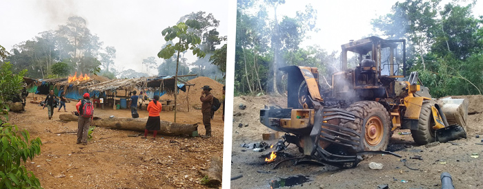 FENAMAD's team was on site with police as they seized and then destroyed both the camp site and mining equipment. | Photo credit: FENAMAD